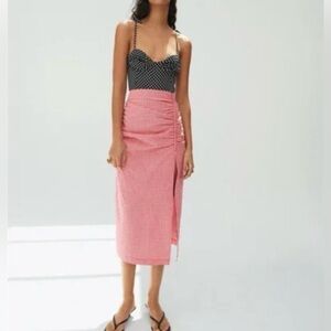 Zara Red & White Gingham Ruched Side-Slit Midi Skirt